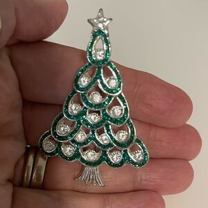 Vintage Silver and Green Christmas Tree Brooch